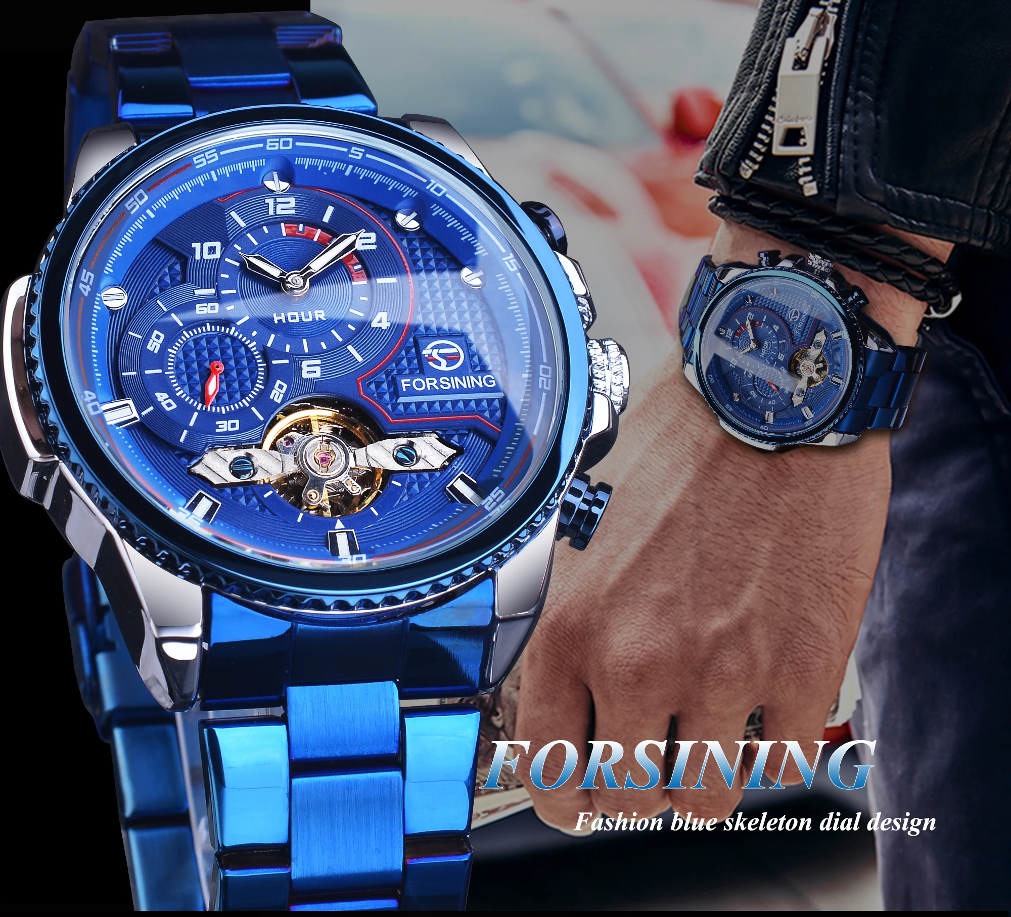 Forsining Watch Men Skeleton Automatic Mechanical Wristwatches Mens Luminous Waterproof Stainless Steel Tourbillon Watches Man