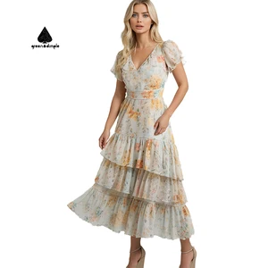Customize Design Modest Casual Elegant Women V-neck Maxi Long Dress Plus Size Lady Bohemian Floral Midi Cotton Dress