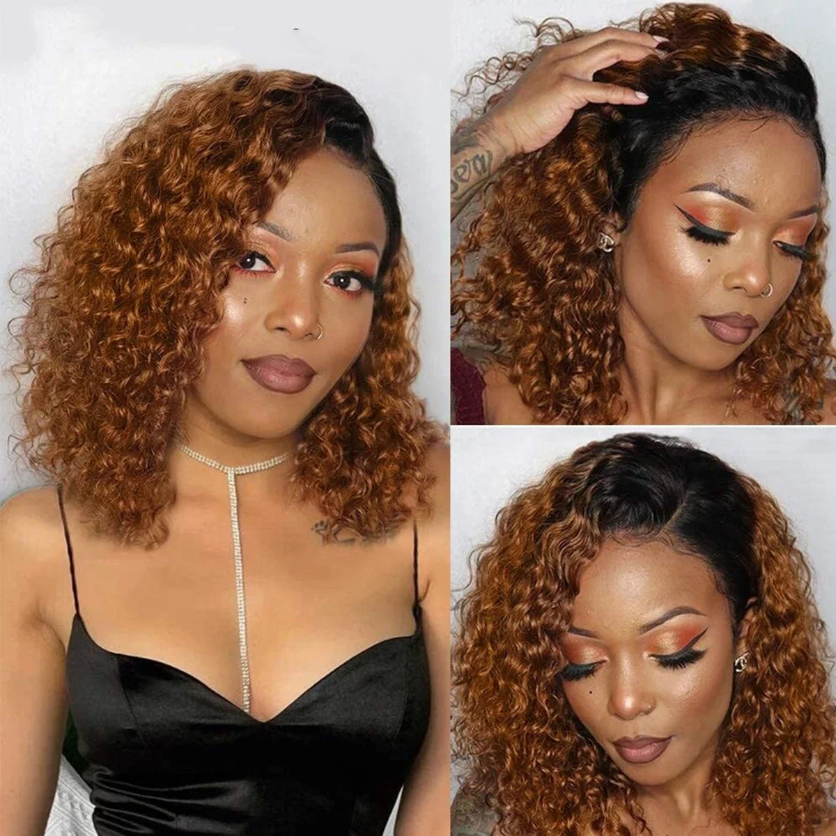 Echthaar Bob Perücke Ombré Deep Wave Mit Lace Front 180 Dichte_voghion.com