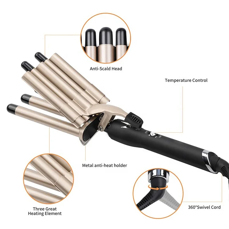 Fast Heating Ceramic 2 Temperature Control Tourmaline Triple 5 Barrels Hair Waver Tools