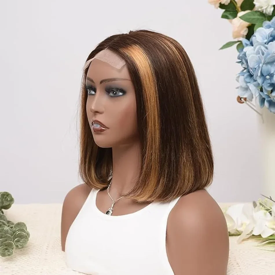 100% Human Hair Straight Short Bob Wigs Highlight 4/27 Peruvian Remy Human Hair Lace Wig for Women Daily Use_voghion.com