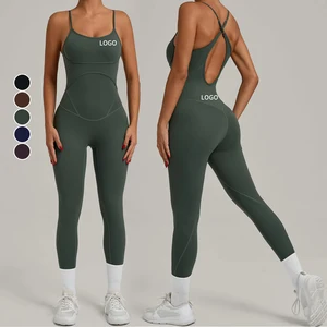 Custom Logo Women's Breathable Gym Bodysuit Sleeveless Backless Yoga Jumpsuit Cross Back Adjustable Quick Dry One Piece Playsuit