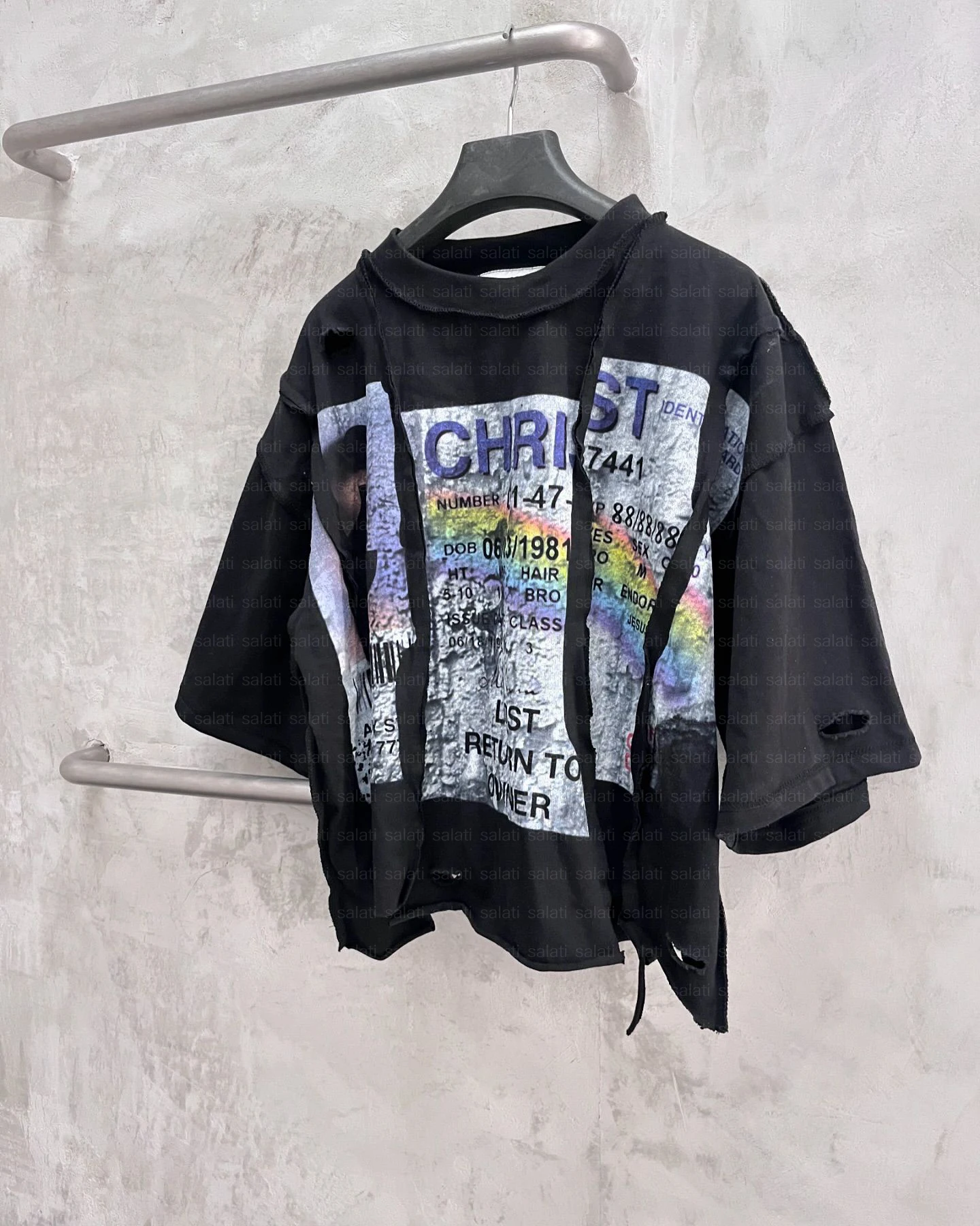 Salati Custom Streetwear Panel T Shirt Tee Overlapping Seam Uneven Cut and Sew Cotton Screen Print Oversized Cropped T-shirt Men gallery 4
