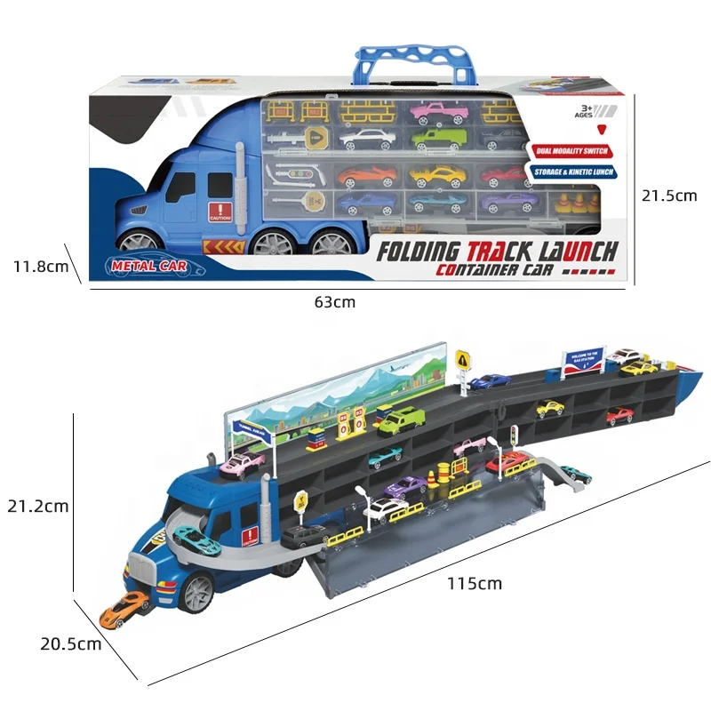 Samtoy Slide Foldable Ejection Track Transport Diecast Model Construction Toy Cars Set Container Truck Toy With 10 Alloy Cars
