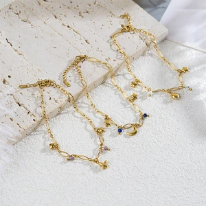 Women's Stainless Steel Geometric Sun Moon Charm Bracelet with Stone Waterproof Wrist Jewelry Trendy Fashion Gift Idea