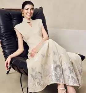 2026 Top Trend Luxury Elegant Slim A-Line Women's Rayon Acetate Dress Classic Sequin Embroidery Cheongsam Collar Casual Elegant