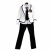 White top + shirt and tie + black pants