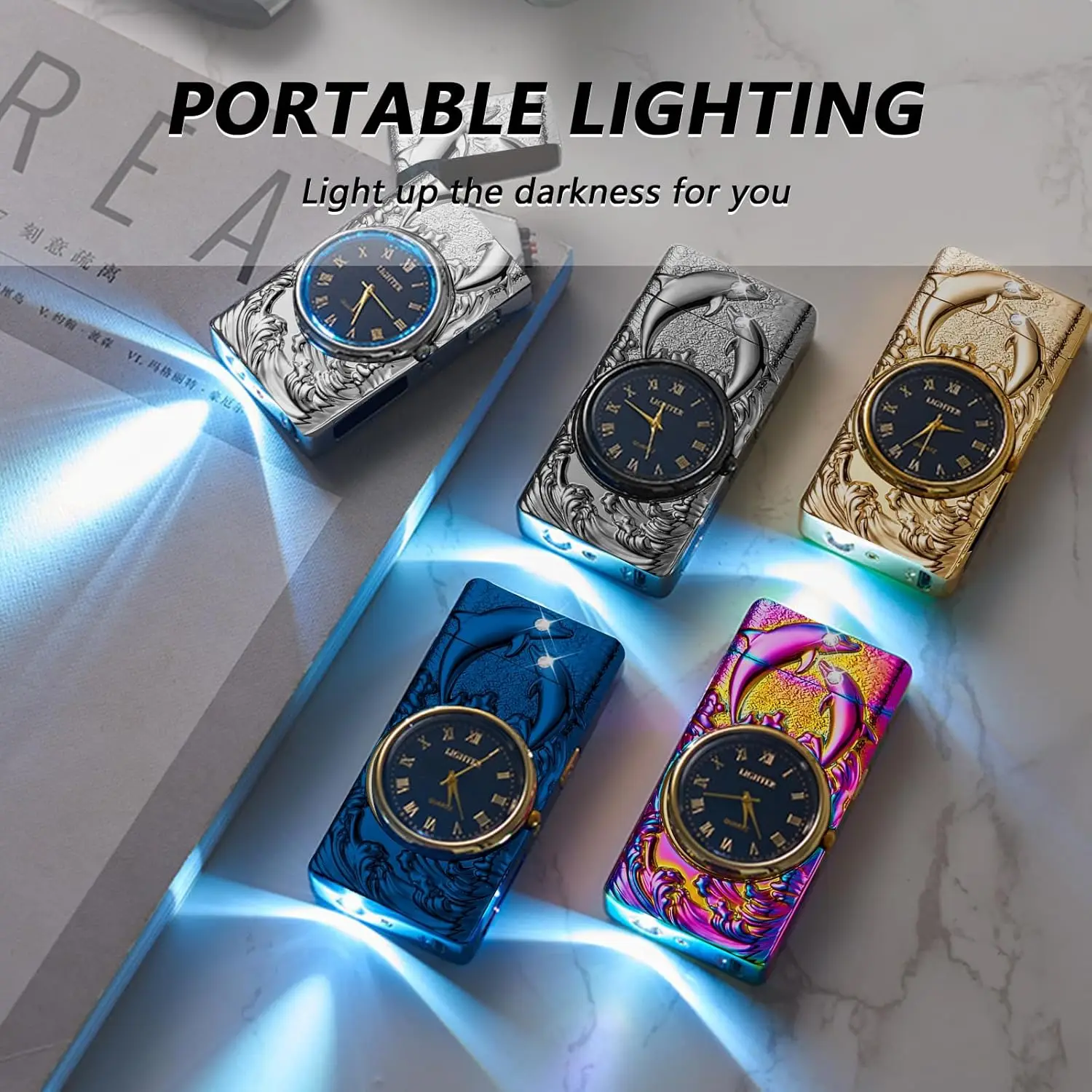 Dual Arc Flameless Windproof Electric USB BBQ Candle Cigarette Lighter  Electronic Plasma Smoking Dolphin Custom Watch Lighter