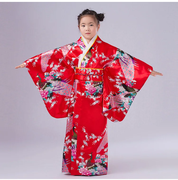 Children Kimono Traditional Japanese Style Peacock Yukata Dress for Girl  Kid Cosplay Japan Haori Costume Asian Clothes