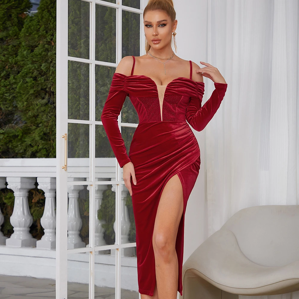 fitted lace wedding dress One Shoulder Red Velvet Ruched Sheath Formal Dresses with Split