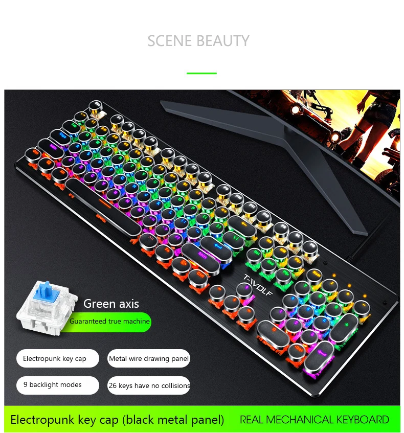 Color : Plating Square Platinum ice Blue Mechanical Keyboard Cable Esports Game Shaft Metal Retro Square Plating Punk Backlight Office Internet Cafe