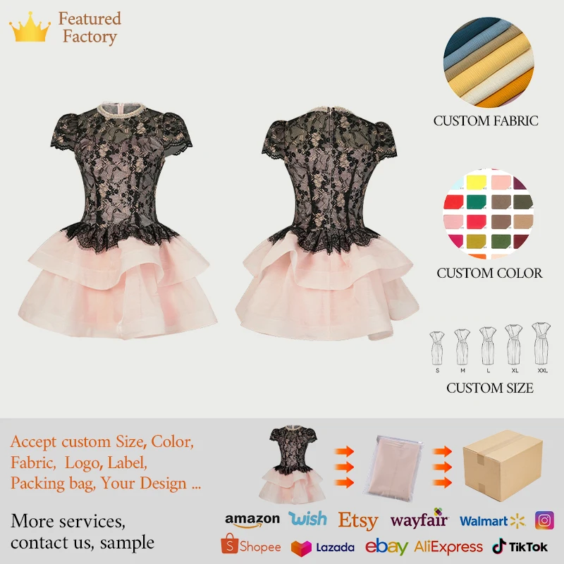 ZYHT 21689 Women's Elegant Black Lace & Blush Pink Tulle Ballgown Dress Short Sleeves Mini Flared Skirt Eco-Friendly Party Dress
