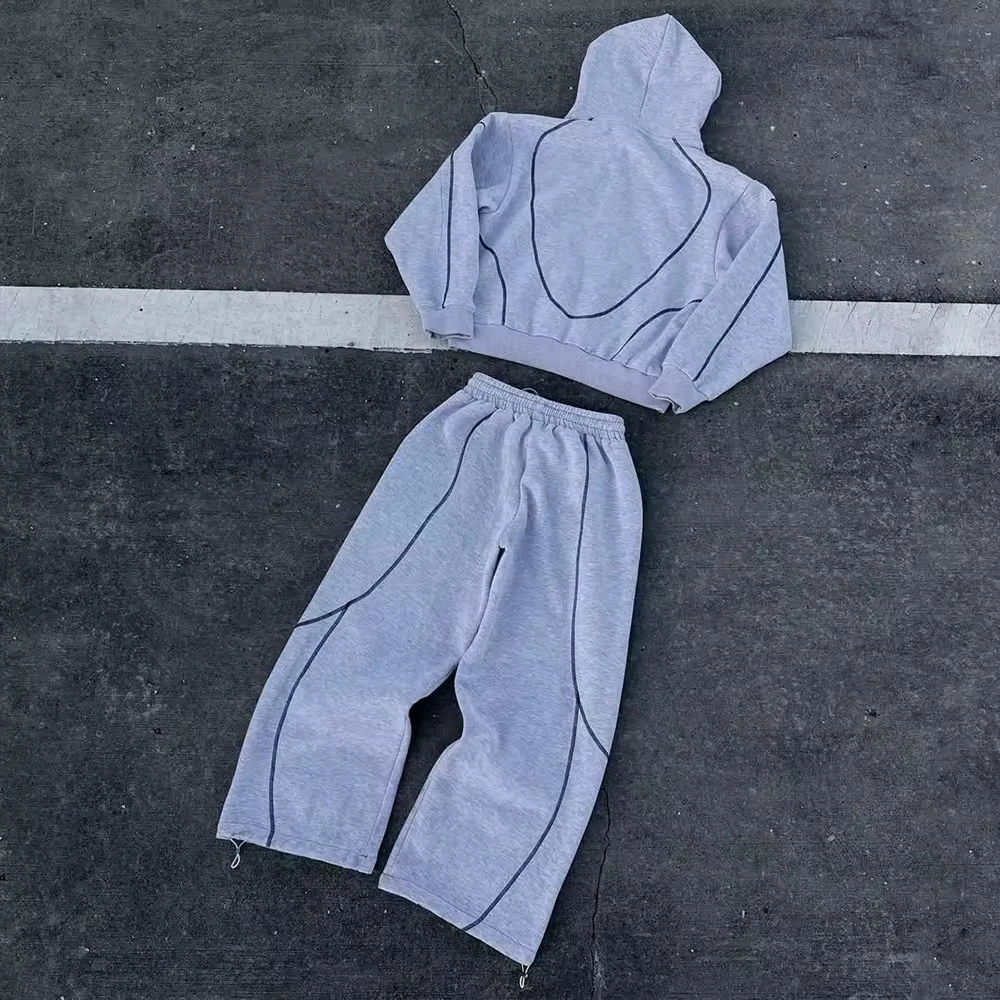 Custom Boxy Fit Gray Flared Stacked Baggy Oversized French Terry Cotton Sweatsuit Printed Sweatpants and Hoodie Set for Men gallery 4