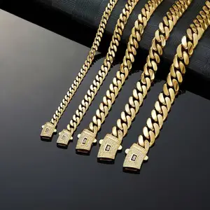 Miami Cuban Link Chain Necklace Bracelet Set 14K Gold Plated Stainless Steel Zircon Hip Hop for Men