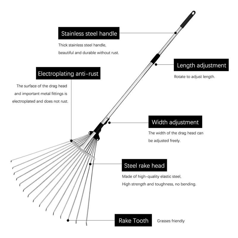 Adjustable Garden Leaf Rake Telescopic Metal Rake Expandable Folding