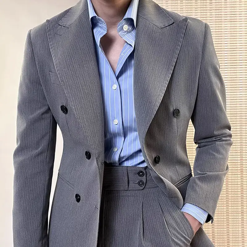 Men's 3-Piece Blue Grey Striped Double Breasted Suit – Slim Fit, Includes Blazer, Pants, Shirt & Tie – For Business & Formal Events