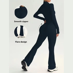 Custom Logo Gym Set Women Stand Collar Jacket Wide Leg Pants Moisture Wicking Conjunto De Yoga for Casual Wear