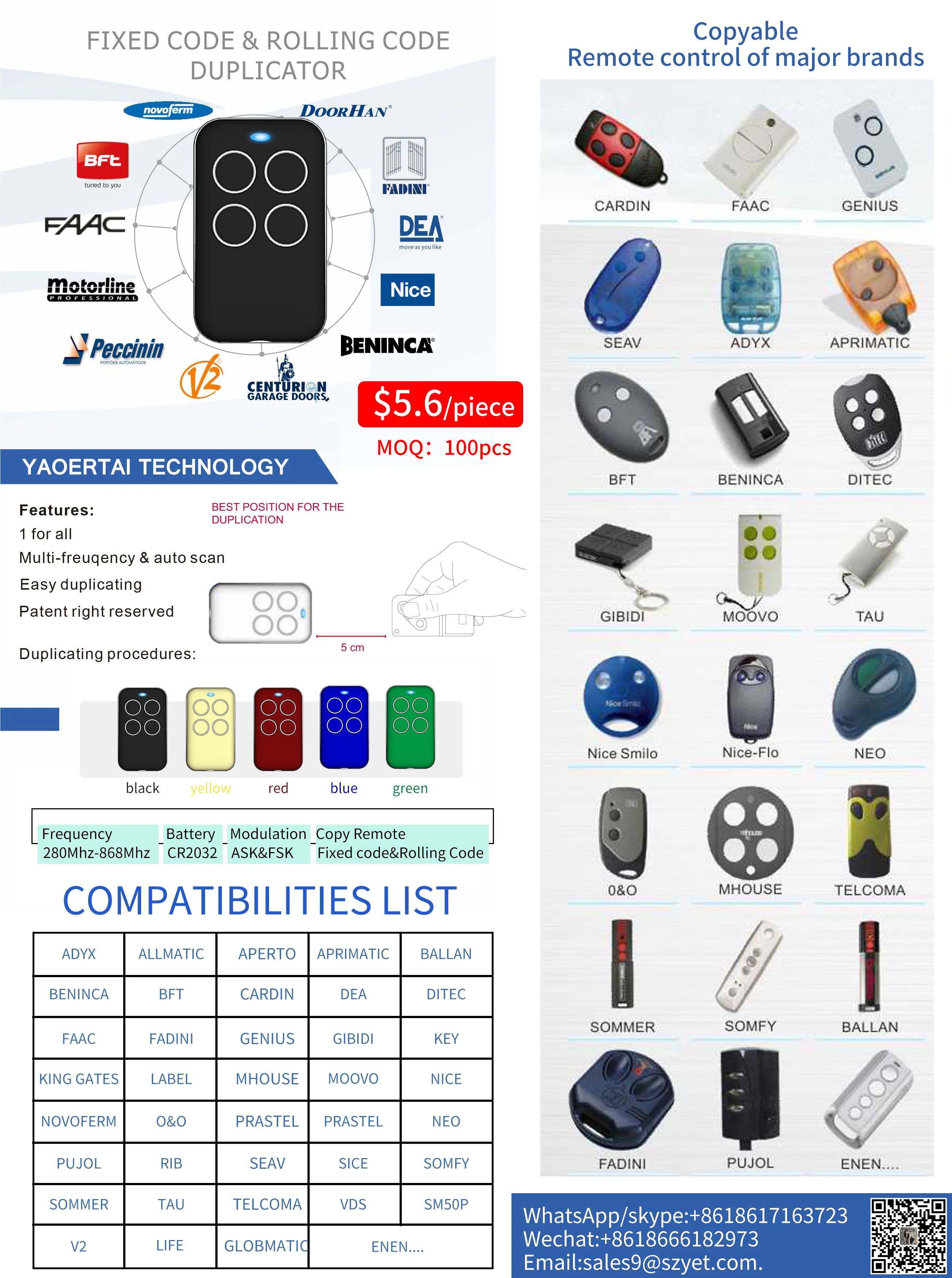 YET2130AIO Waterproof RF Multi Frequency 280~868mhz Remote Control Duplicator Garage Door Gate Rolling Shutter Remote Control