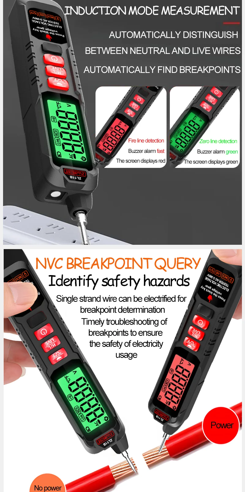 Smart Rechargeable AC 12-300V Non-Contact Voltage Tester Pen with 500mA Current Indicator and Backlight