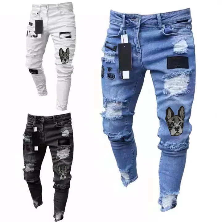 Mens Stacked Jeans Ripped Skinny Hole Distressed Patched Fashion Denim Pants in Bulk