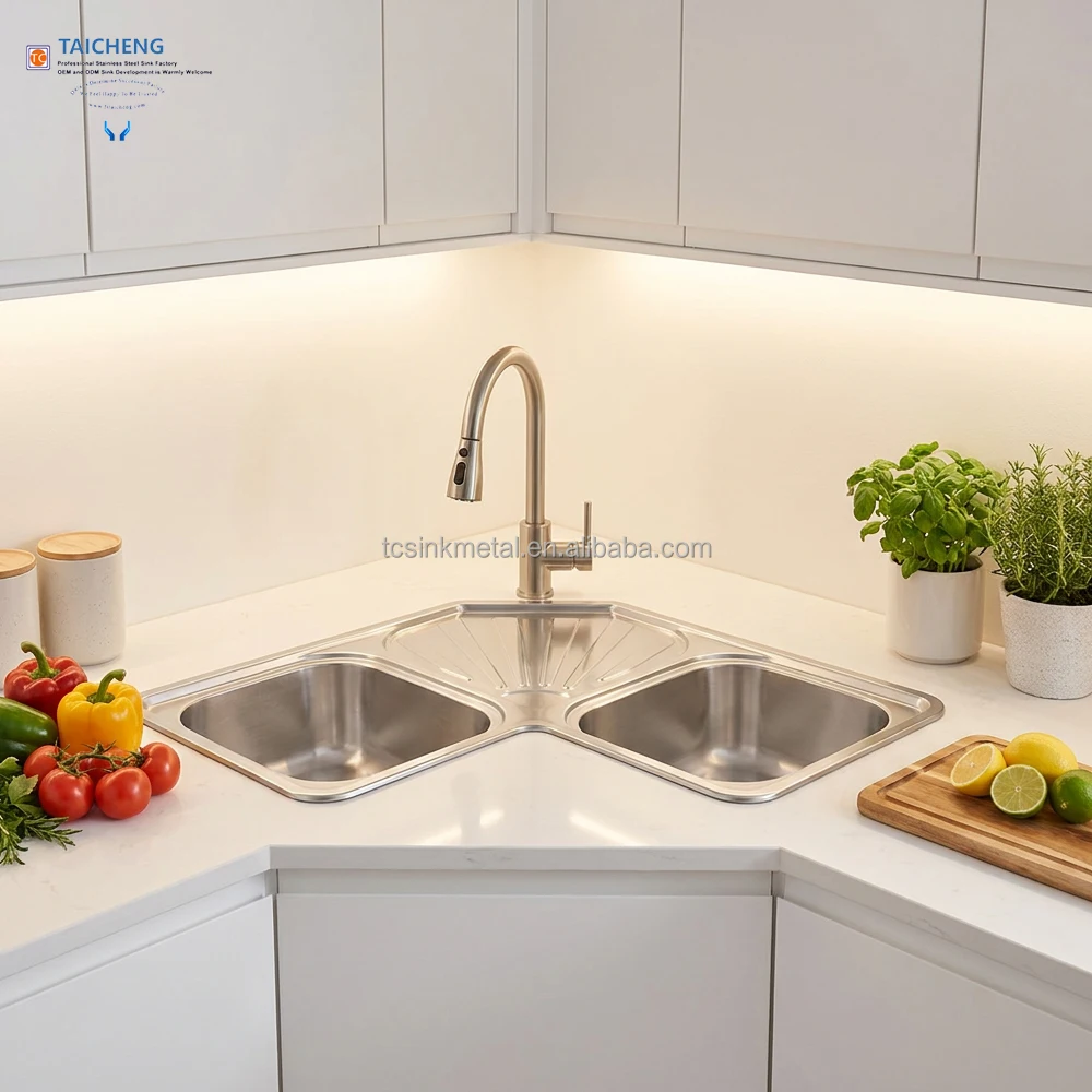 90x90x21cm 201 Stainless Steel Corner Double Bowl Kitchen Sinks with Draining Board