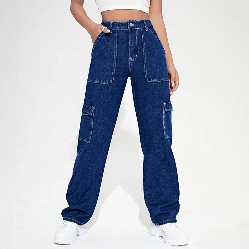 Wj278 Odm Oem Women's Jeans Cargo Pants High Waisted Flap Pocket Cargo Denim Jeans Custom Cargo