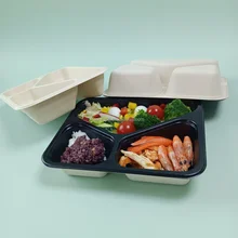 Disposable Biodegradable Recyclable Sealable Sugarcane Bagasse 3 Compartment Food Airline Meal Pulp Tray With Lamination Film