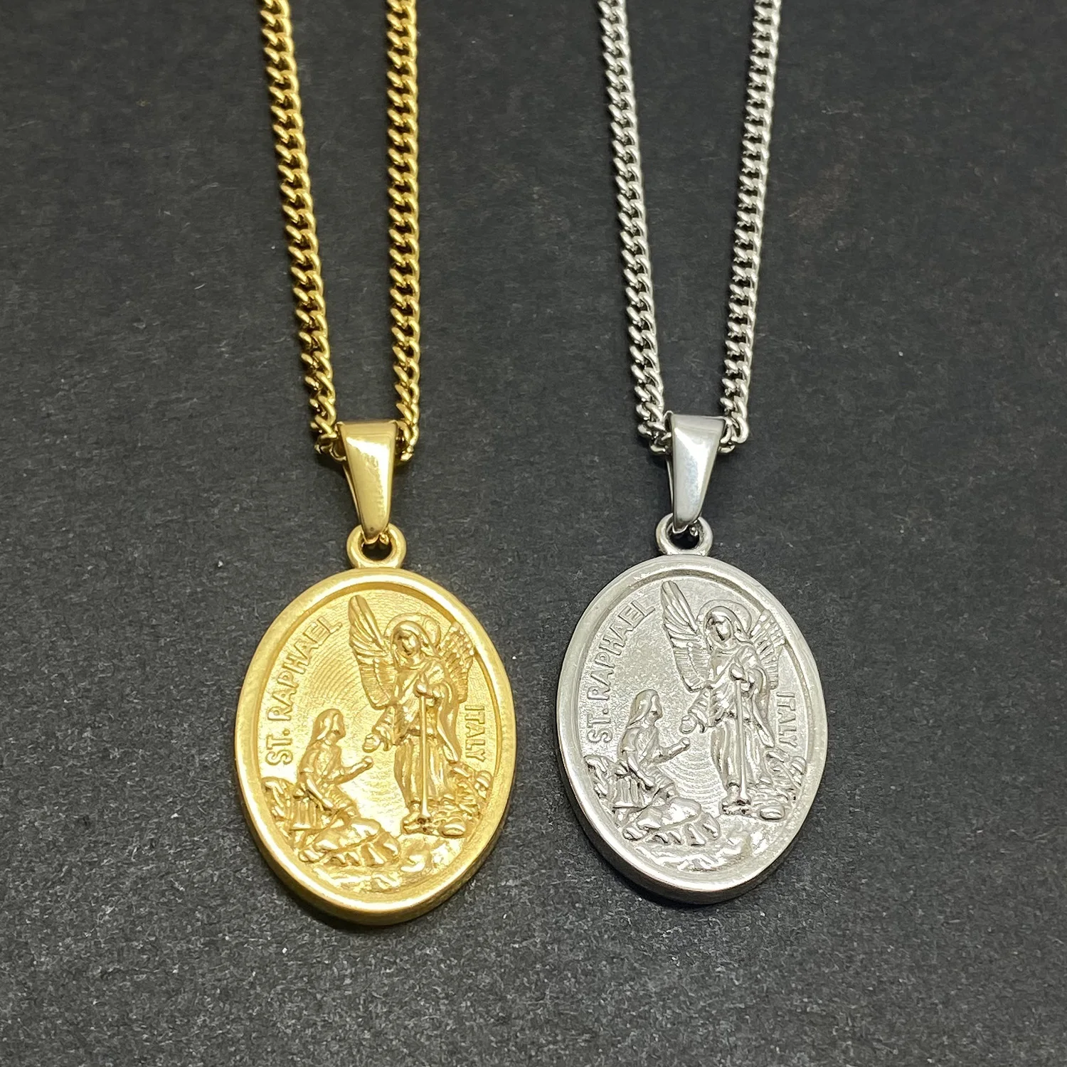 Dainty Gold Religious Saint Raphael Pendant Stainless Steel