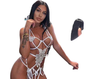 Bow Steel Ring Sexy Costumes XXY Bodysuits with Lace Decoration Firm Control Level Chiffon Fabric