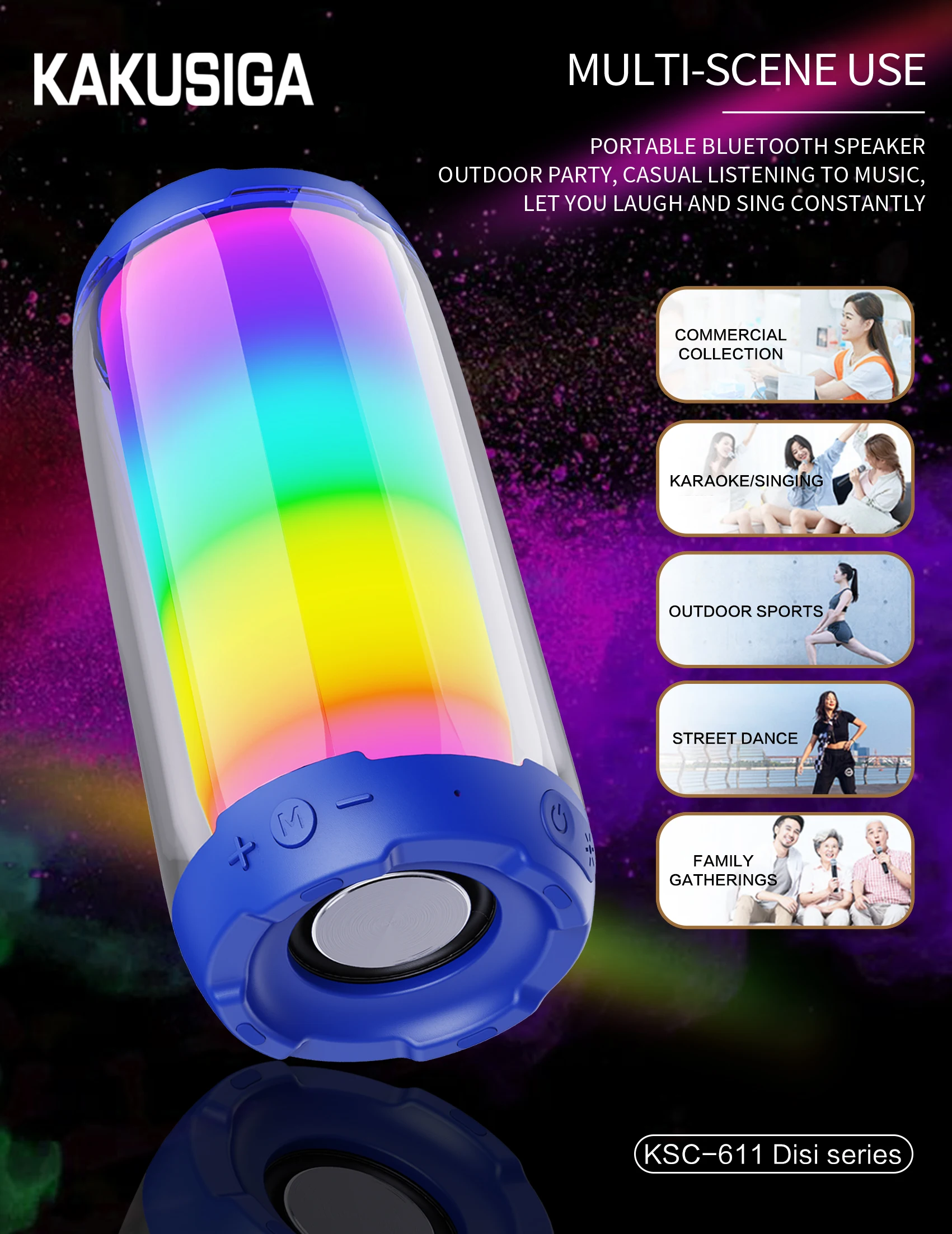 KAKUSIGA KSC-611 Colorful Glare LED Wireless Speaker 9D Surround Sound Effect 10W Portable Audio Speaker