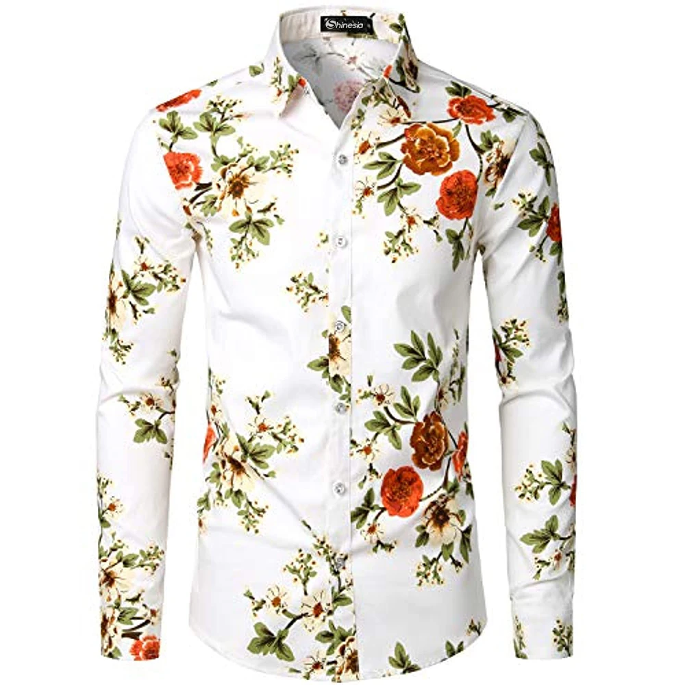 Shinesia Men's Floral Shirts Long Sleeve Floral Printed Cotton ...