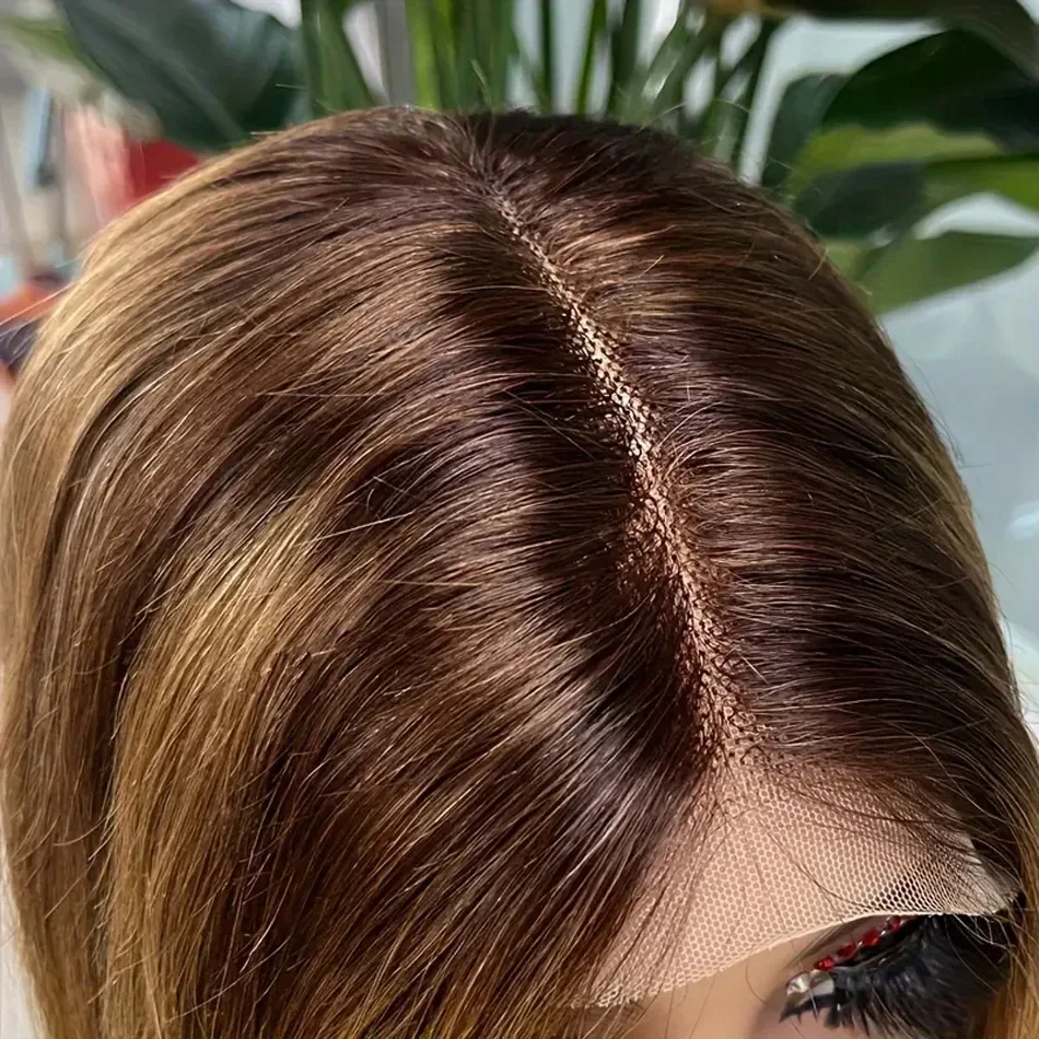 100% Human Hair Straight Short Bob Wigs Highlight 4/27 Peruvian Remy Human Hair Lace Wig for Women Daily Use_voghion.com