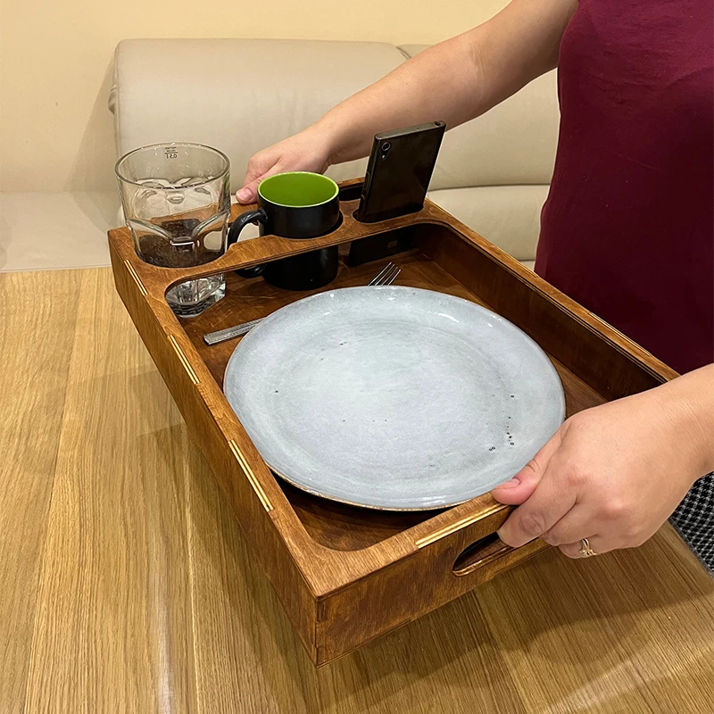 Wooden Coffee Organizer Cookie Caddy Serving Tray With Cup Holder Drink