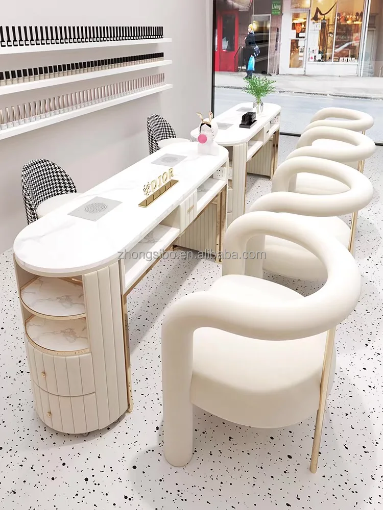 Luxury Stainless Steel Marble Tabletop Manicure Table With Chairs Can