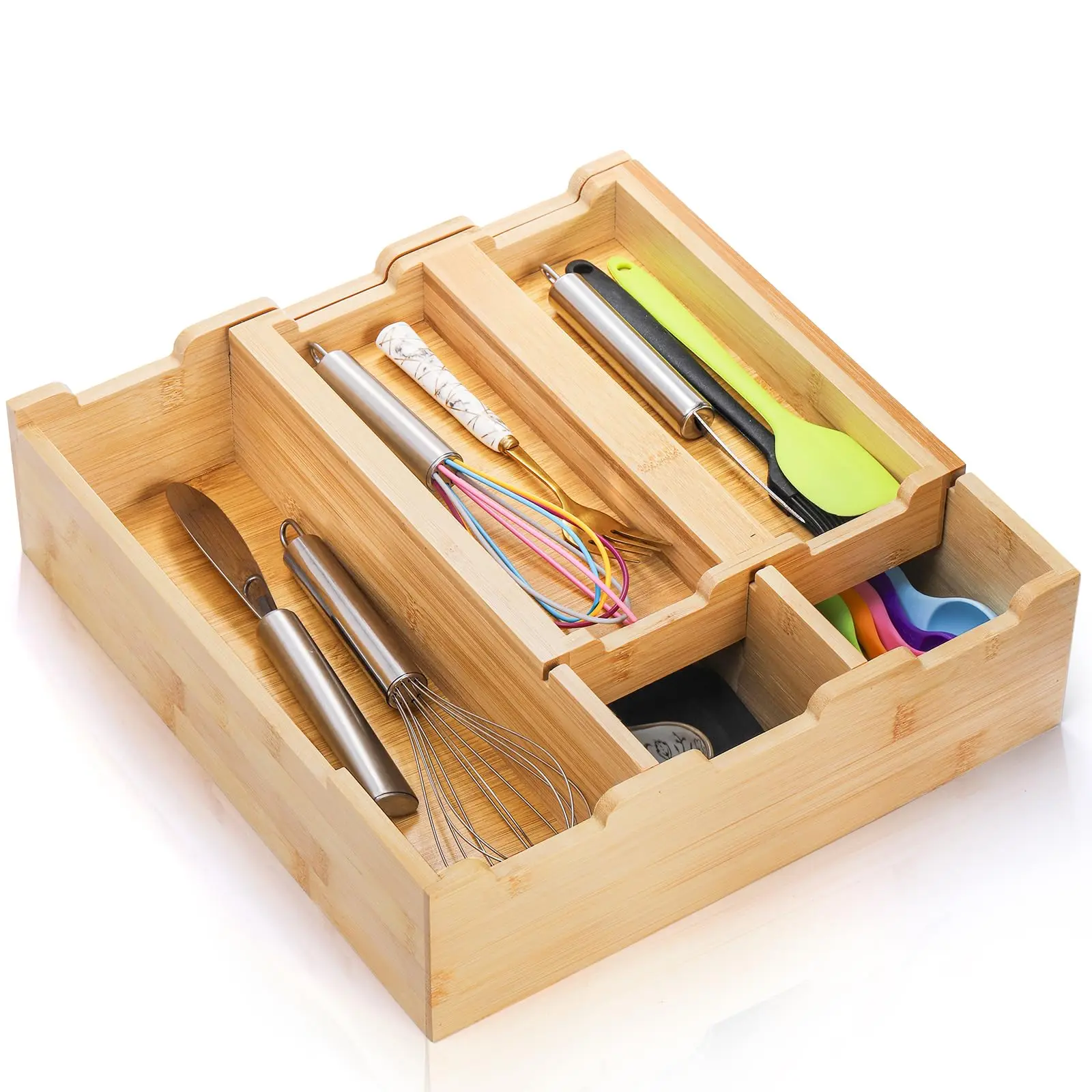 Bamboo Kitchen Drawer Organizer Stackable 2-Tier Utensil Holder Tray Silverware Organizer Flatware Storage for Kitchen Cabinet