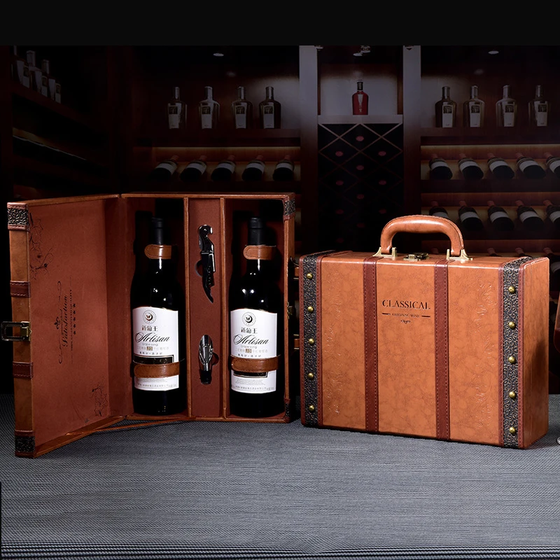Custom Printed Modern Style PU Leather & Wood Wooden Gift Packaging Boxes for 1/2/4/6 Bottle Wine Box