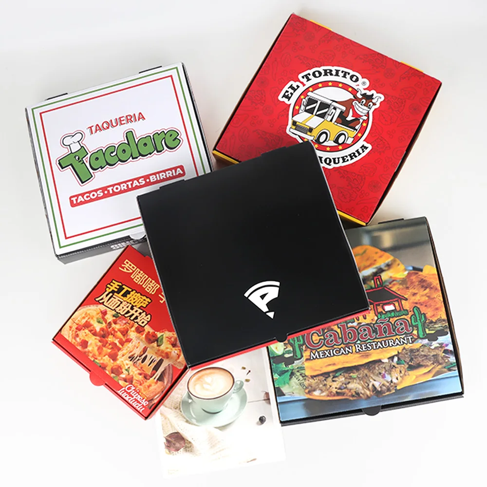 Ухолно продажба, фабрична цена, персонализирана кутия за пица, различни размери 9, 10, 12, 14, 16, 18 инча, хранително качество, гофрирана крафт хартиена опаковка