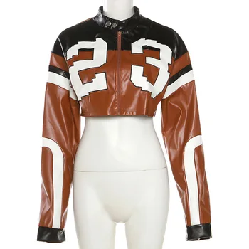 Guangzhou Auyan 2025 Summer women's new fashion motorcycle color contrast embroidery patchwork slim imitation leather jacket