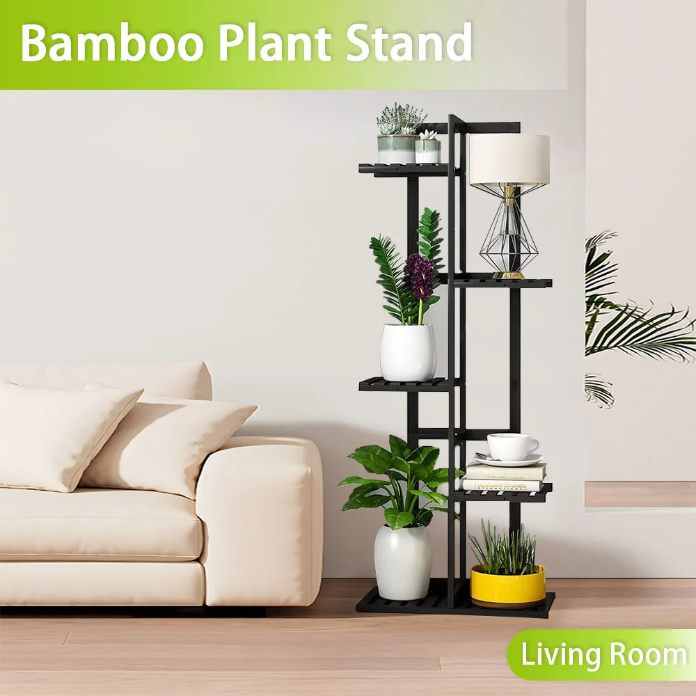 product 5 tier bamboo shelf organizer 6 potted black high flower plant stand for indoor or outdoor bathroom corner decoration display-9