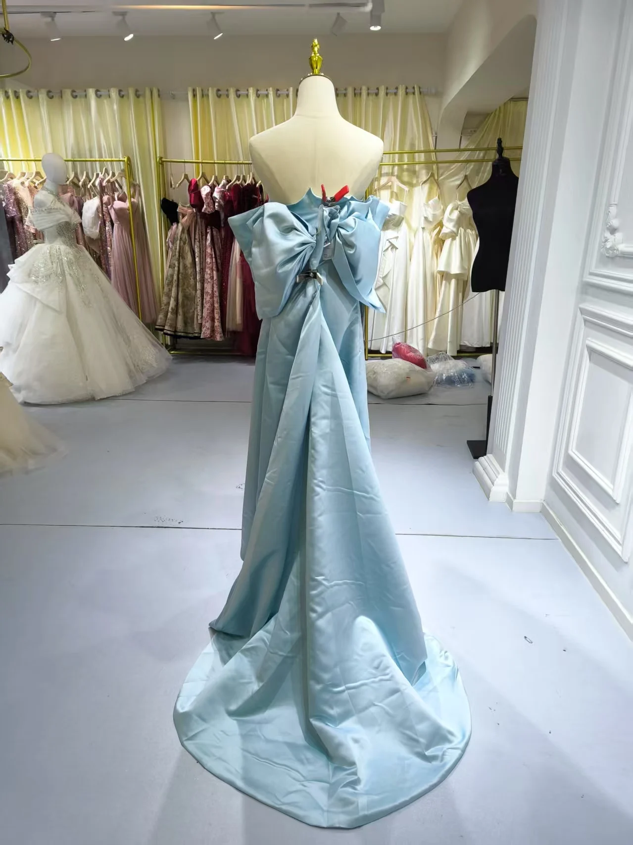 light blue satin wedding dress Light Blue Satin Prom Dress Lace Trim Sweetheart Keyhole Back Slit Gow –  SposaDresses