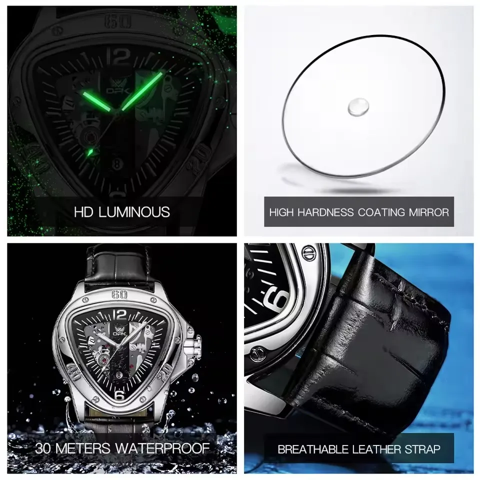 OPK Trend Fashion Herren uhren Dreieck Zifferblatt Quarz Armbanduhr  Wasserdichtes schwarzes Leder armband Leuchtende Kalender uhr für den  Menschen