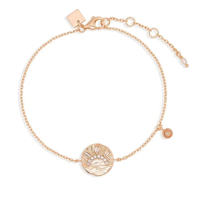 Gemnel 925 Silver 14k Gold Irregular Surface baguette Zircon Sun Coin Opal Bracelet for Women