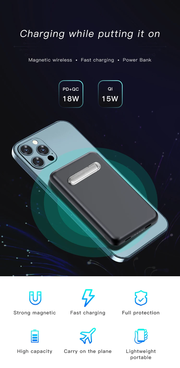 Innisfox Portable Credit Card Qi Pd 18w 15w Powerbank 5000mAh Magnetic Wireless Power Bank 18w for iPhone 12 PB45.jpg