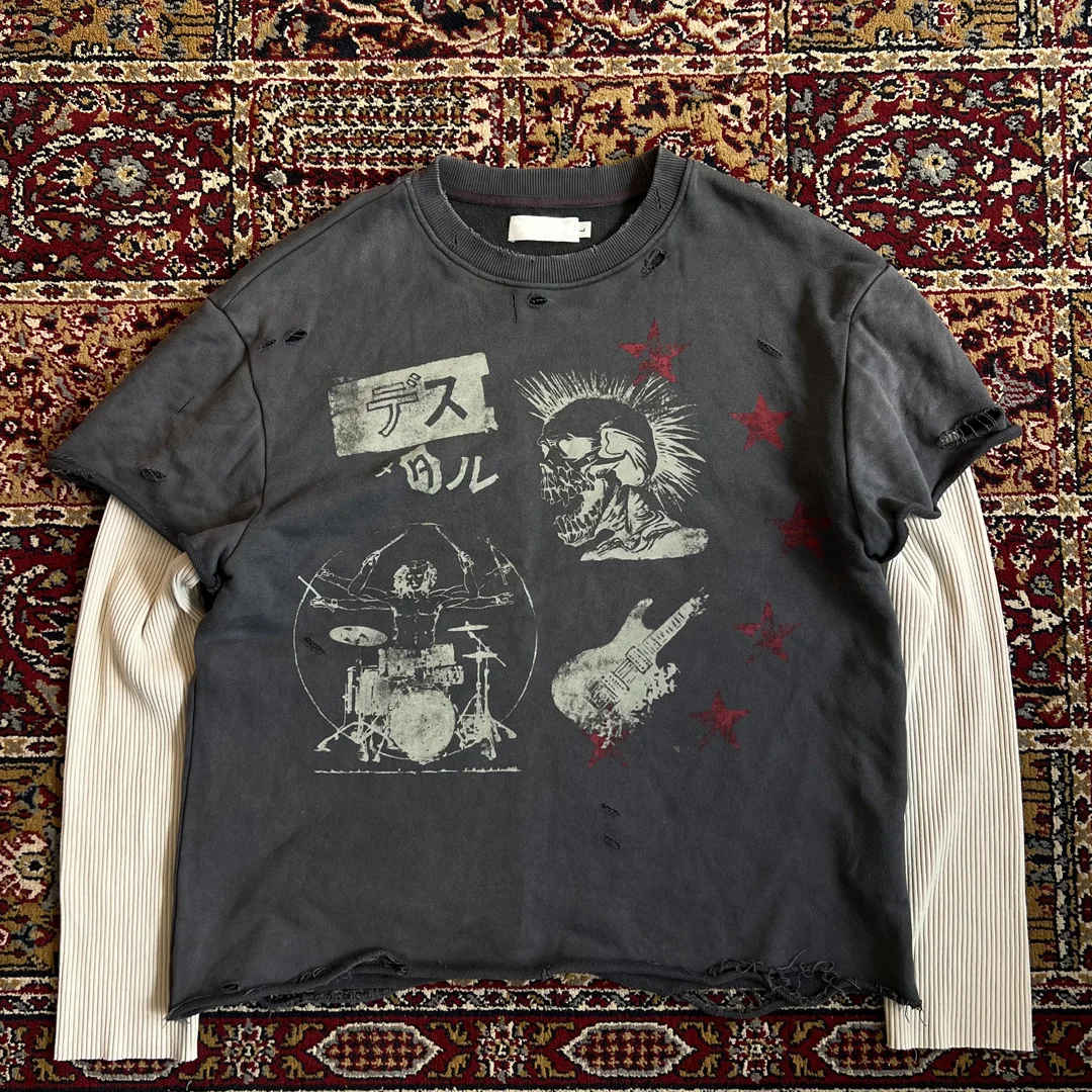 Aangepaste retro-styl suurwas-versteurde langmou-tee vir mans, 100% katoen, met dubbele moue, handgeskeur, met skerm-druk vir straatklere, 280 g.