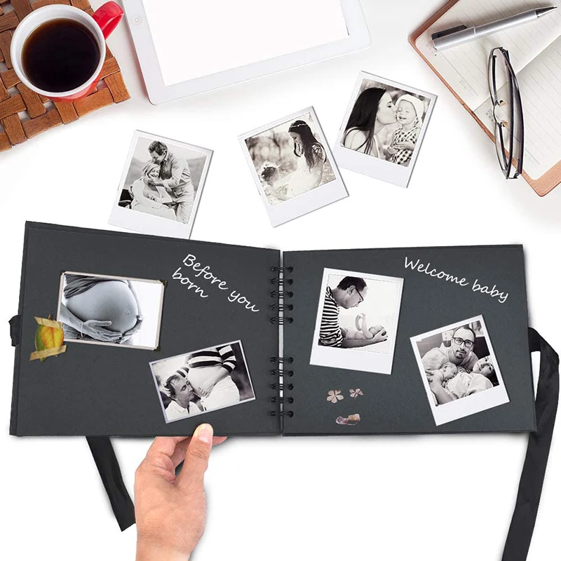 Ready to Ship Wholesale Custom logo Gold Spiral Binding Matte Black Paper Water Color Sketchbook Hardcover DIY Photo Album