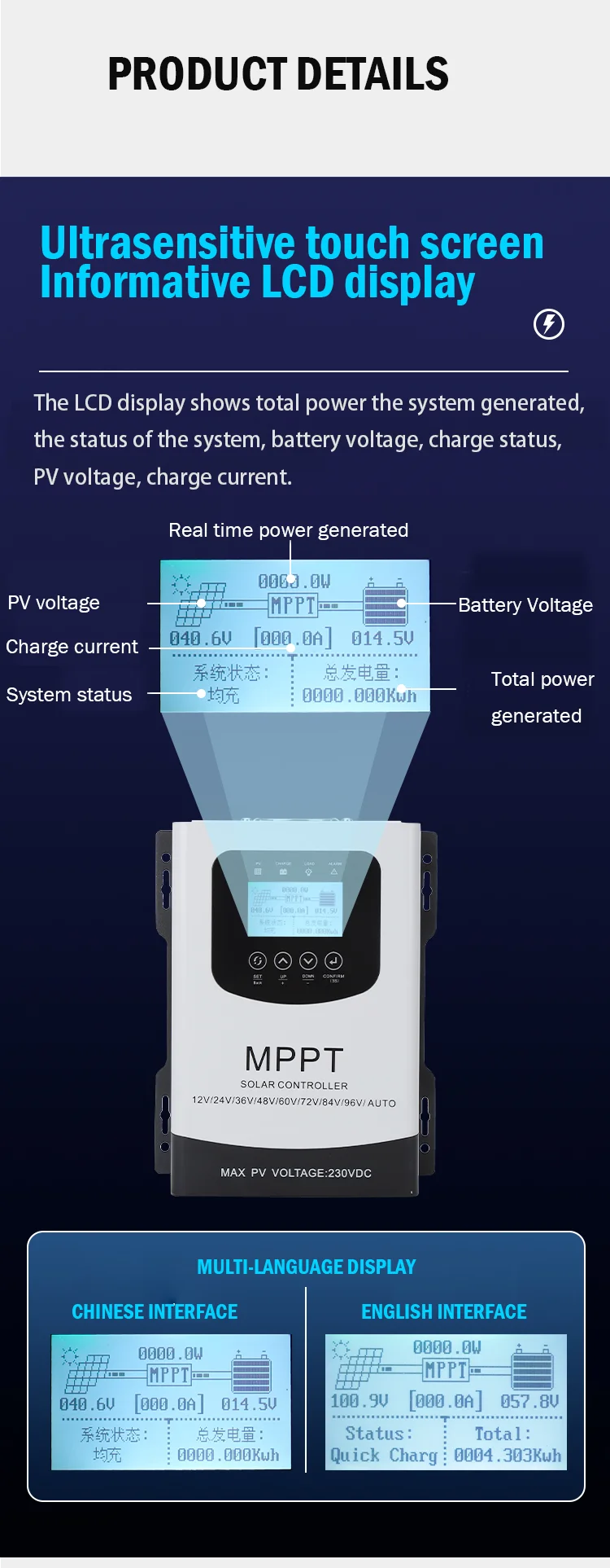 MPPT Solar Charge Controller 50a for 12v 24v 48v 60v 72v 84v 96v 100ah 200ah Lithium Gel Battery