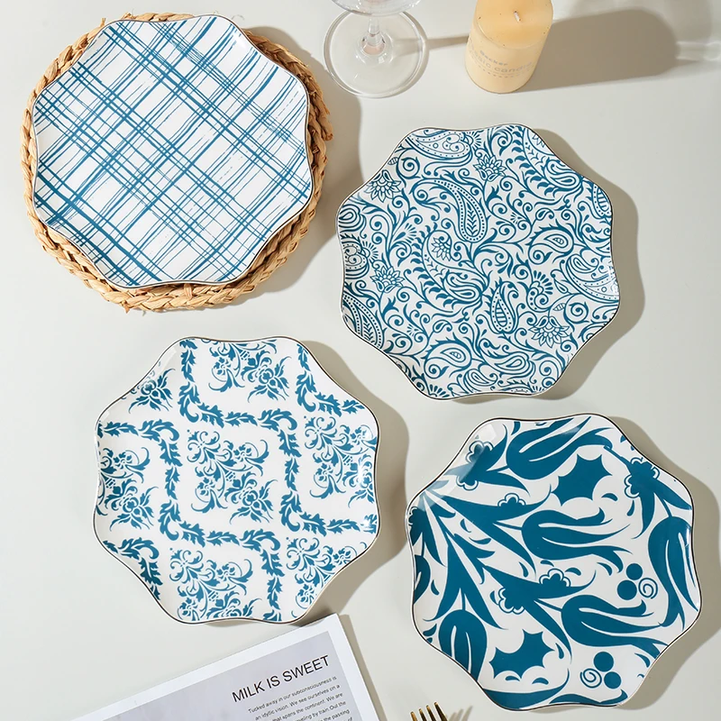 Factory Supply 8 Inch Large Size Serving Plate Vintage Blue Porcelain Dinner Plates Eco-Friendly Ceramic Plate for Salad details