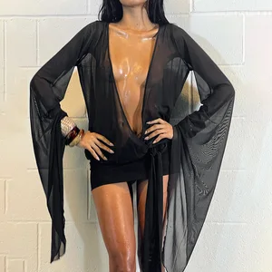 Mesh See Through Sexy Mini Dress For Women Black Sheer Deep V Neck Long Sleeve Backless Holiday Beach Ruched Dress
