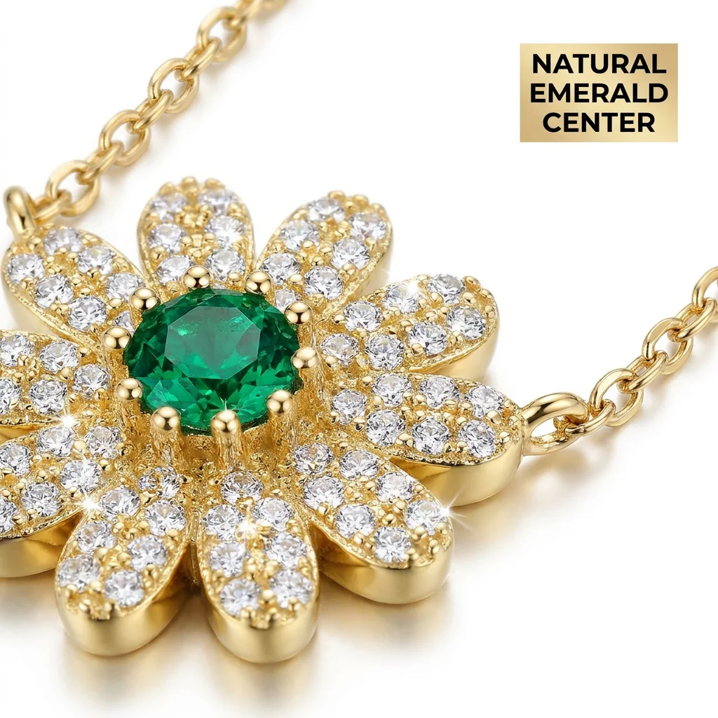 Daisy Flower Emerald Pendant Necklace Gold Link Chain Floral Jewelry for Women Gift