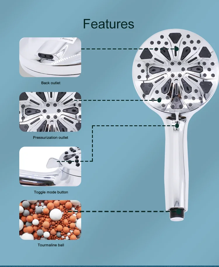 Portable 10 Function Rain High Pressure Pressurized Waterfall Vitamin C Filter Filtered Handheld Hand Shower Head With Filter